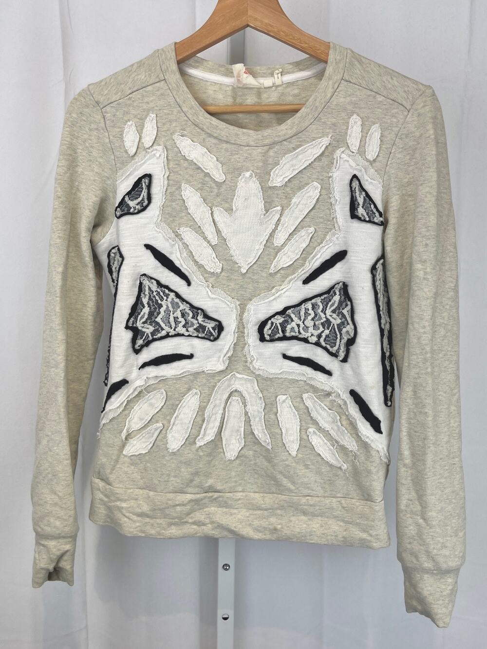 LILKA Anthropologie Mixed Media Patchwork Sweatshirt Beige Multi Size XS